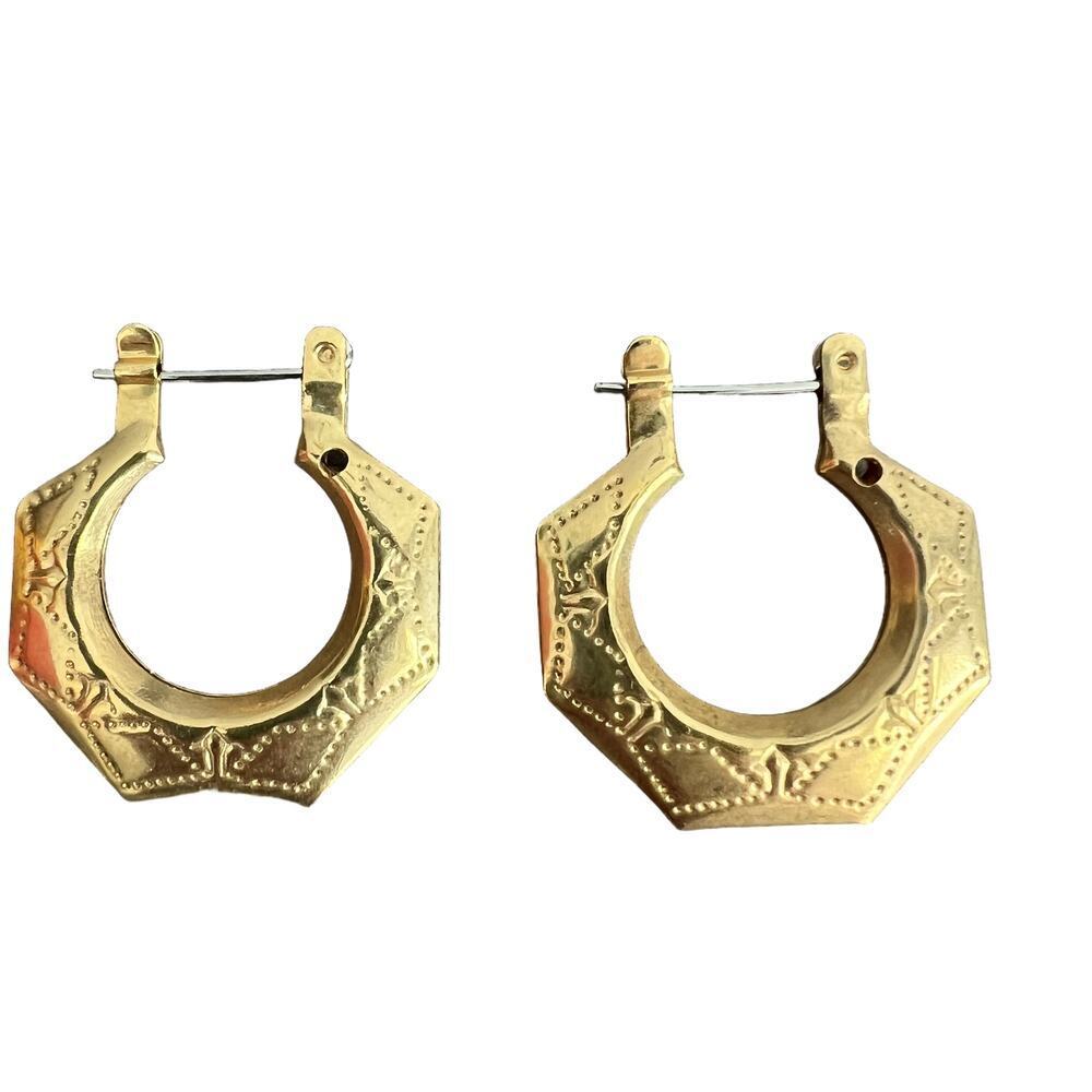 Brassy Gold Hollow Octagon Etched Hoop Elegant Vintage Hinged Hoop Earrings
